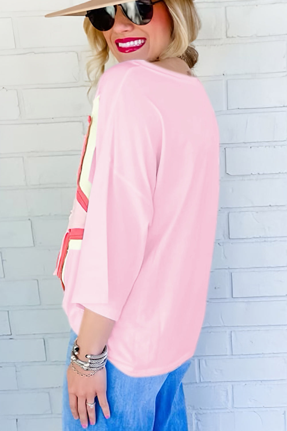 Light Pink Colorblock Star Patched Half Sleeve Oversized Tee Tops & Tees JT's Designer Fashion