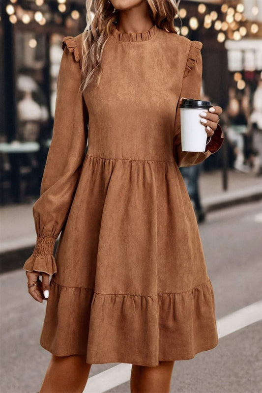 Frill Round Neck Long Sleeve Mini Dress Caramel Mini Dresses JT's Designer Fashion