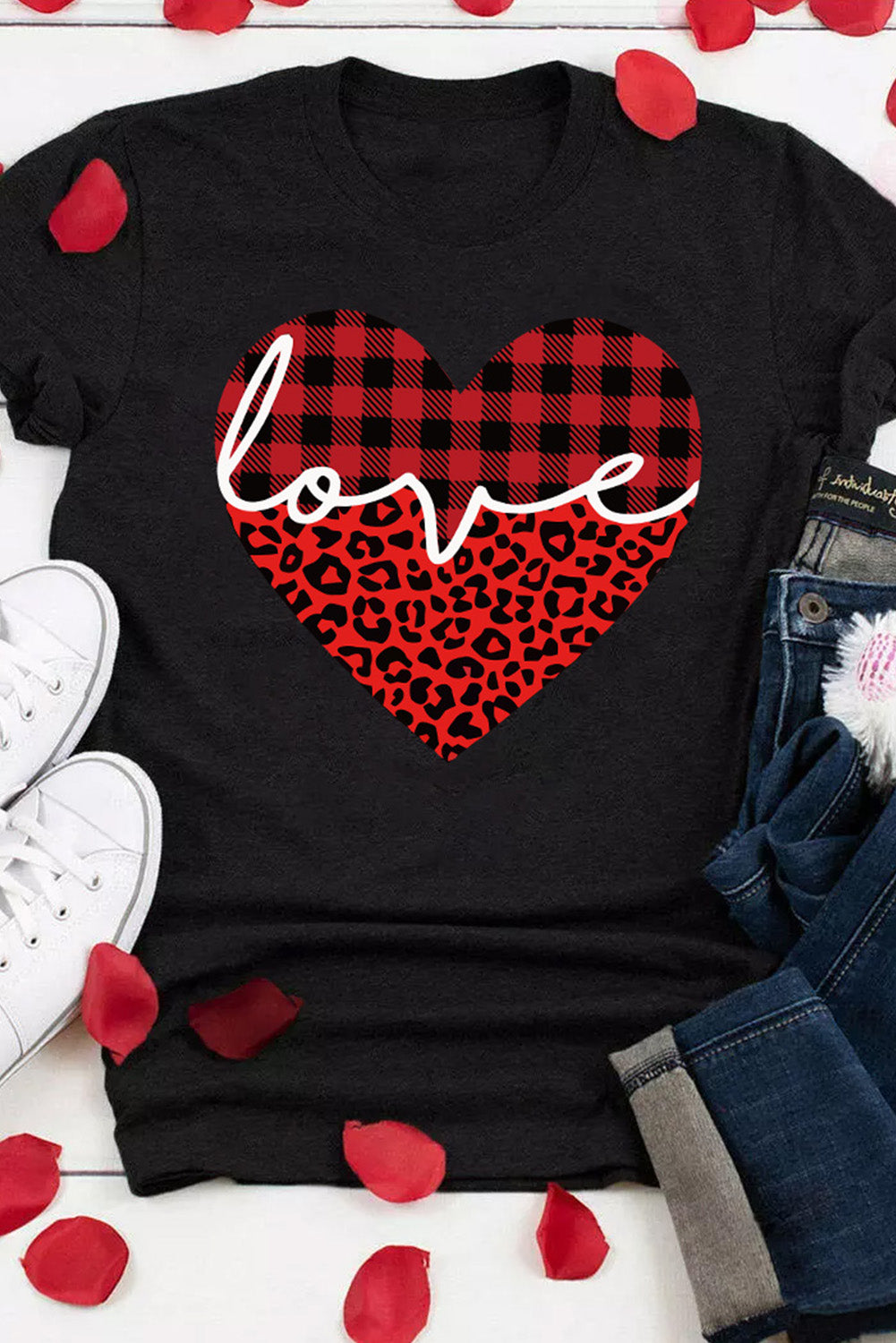 Black Love Leopard Plaid Heart Shaped Crewneck T Shirt Graphic Tees JT's Designer Fashion