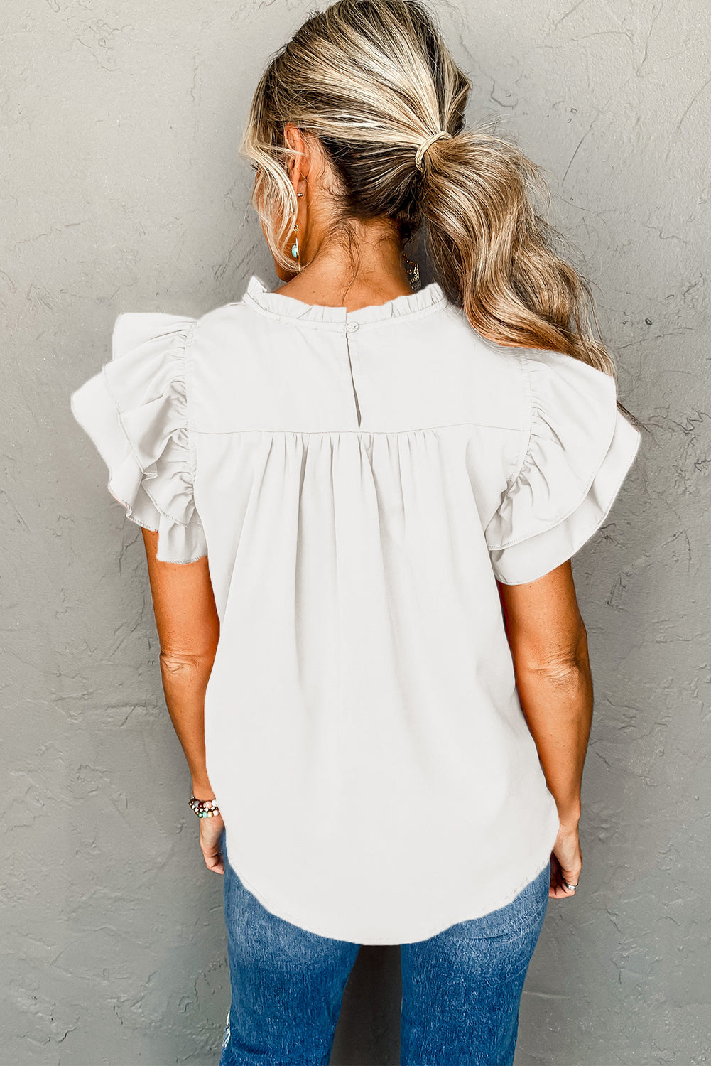 White Smocked Ruffle Sleeve Blouse Pre Order Tops JT's Designer Fashion