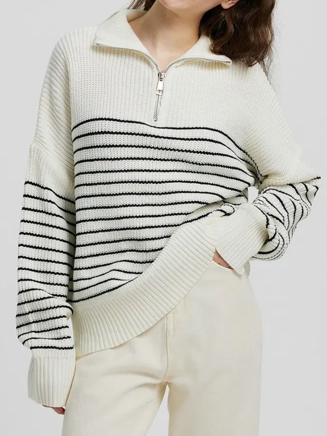 Striped Half Zip Long Sleeve Sweater Long Sleeve Tops JT's Designer Fashion