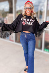 Black GAME DAY Rugby Sequined Tasseled Cropped Sweatshirt Sweatshirts & Hoodies JT's Designer Fashion