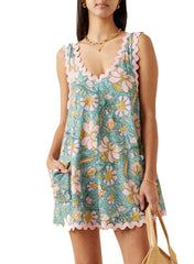 Sky Blue Floral Ricrac Trim V Neck Shift Mini Tank Dress Mini Dresses JT's Designer Fashion