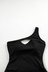 Black Ribbed One Shoulder Hollowed One Piece Swimsuit Swimwear JT's Designer Fashion
