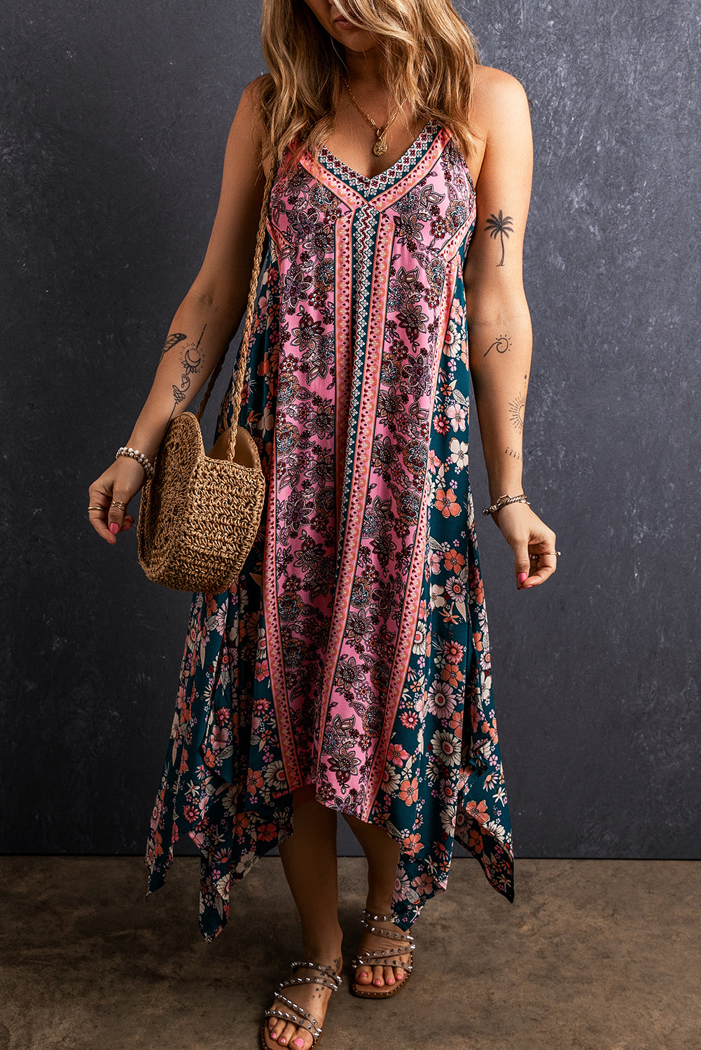 Pink Bohemian Floral Patchwork Print Long Sundress Floral Dresses JT's Designer Fashion