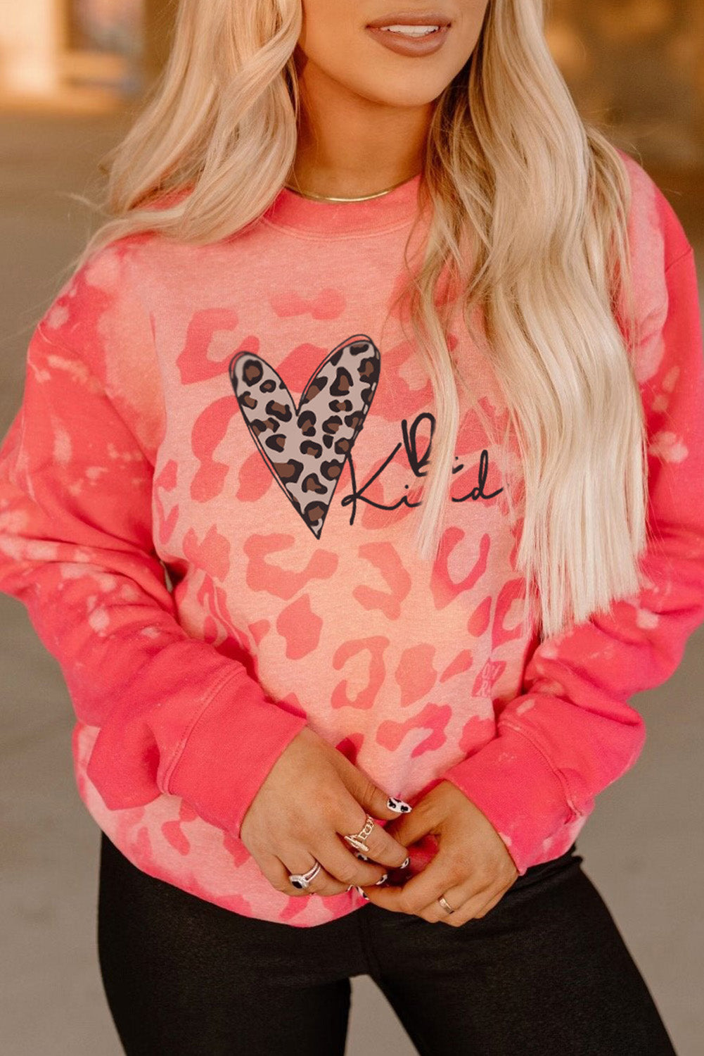 Pink Be Kind Leopard Heart Print Long Sleeve Sweatshirt Graphic Sweatshirts JT's Designer Fashion