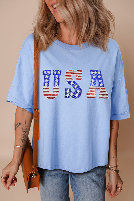 Myosotis USA Patched Drop Sleeve Crewneck T Shirt Graphic Tees JT's Designer Fashion