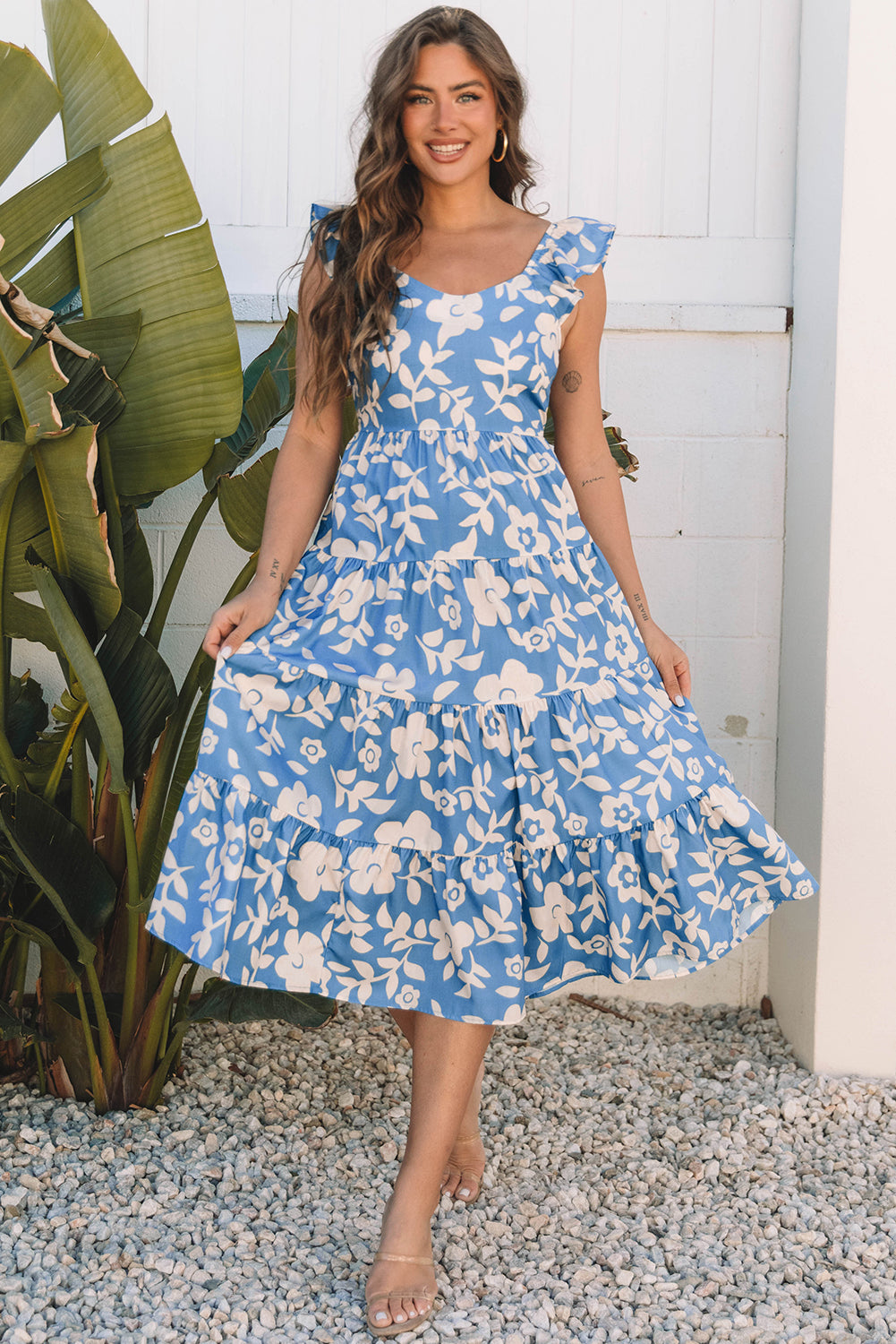 Sky Blue Floral U Neck Flutter Shoulder Tiered Flowy Midi Dress Floral Dresses JT's Designer Fashion