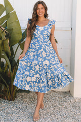 Sky Blue Floral U Neck Flutter Shoulder Tiered Flowy Midi Dress Floral Dresses JT's Designer Fashion