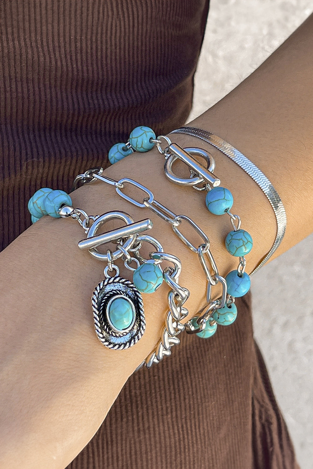 Light Blue Multi Layered Western Turquoise Beaded Bracelet Set Jewelry JT's Designer Fashion