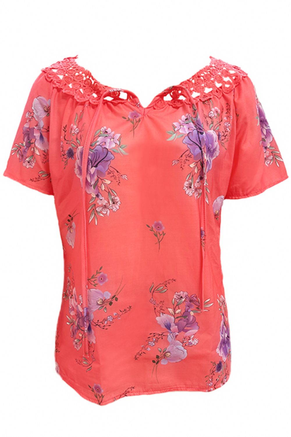 Full Size Printed Tie Neck Short Sleeve Blouse Blouses & Shirts JT's Designer Fashion