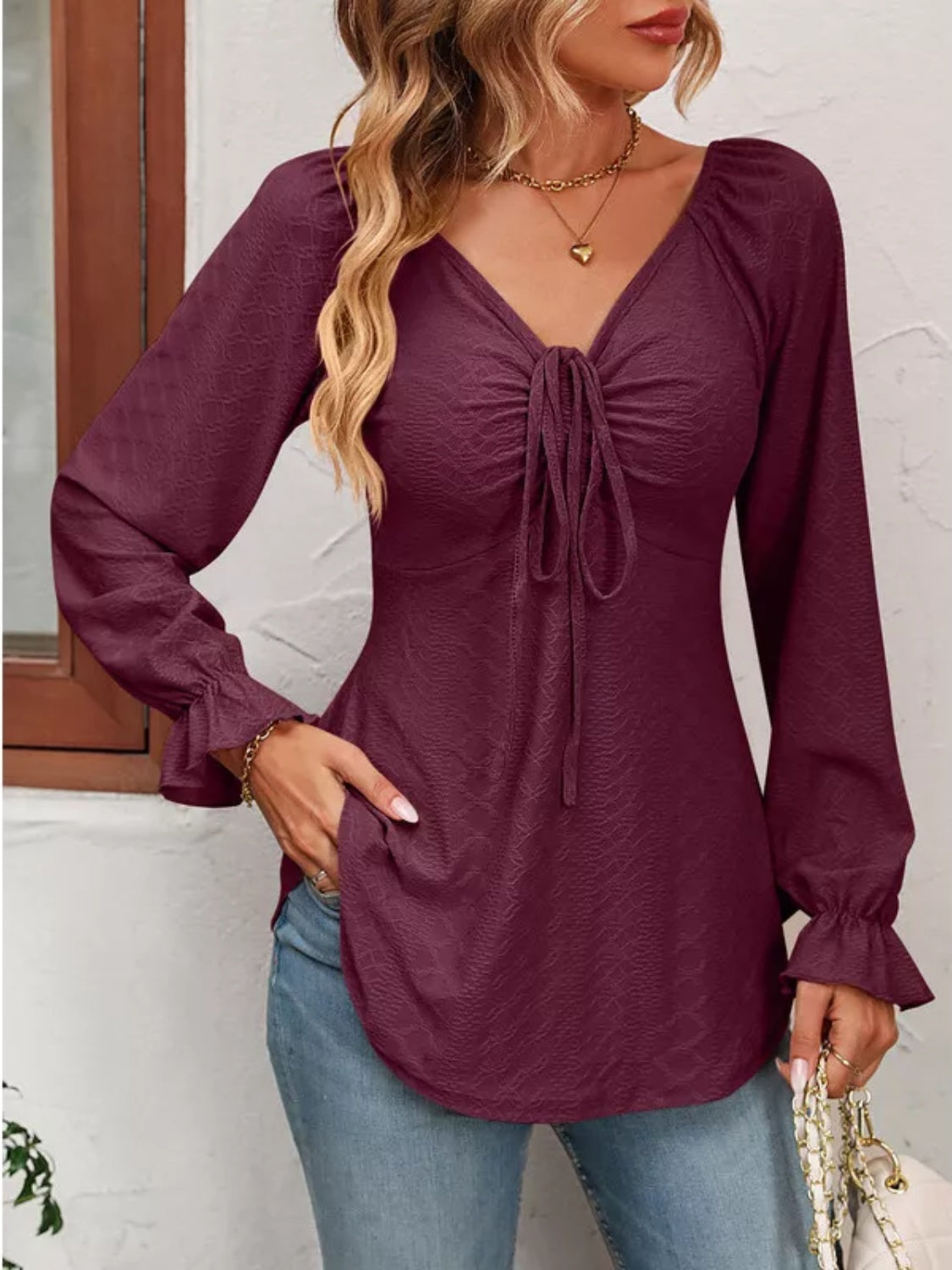 Full Size Drawstring Ruffled V-Neck Long Sleeve Blouse Burgundy Long Sleeve Tops JT's Designer Fashion