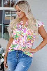 Purple Abstract Printed Ruffled Short Sleeve Notched Neck Blouse Blouses & Shirts JT's Designer Fashion
