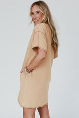 Pale Khaki Mineral Wash Stud Beaded Star Graphic Pocketed T Shirt Dress T Shirt Dresses JT's Designer Fashion