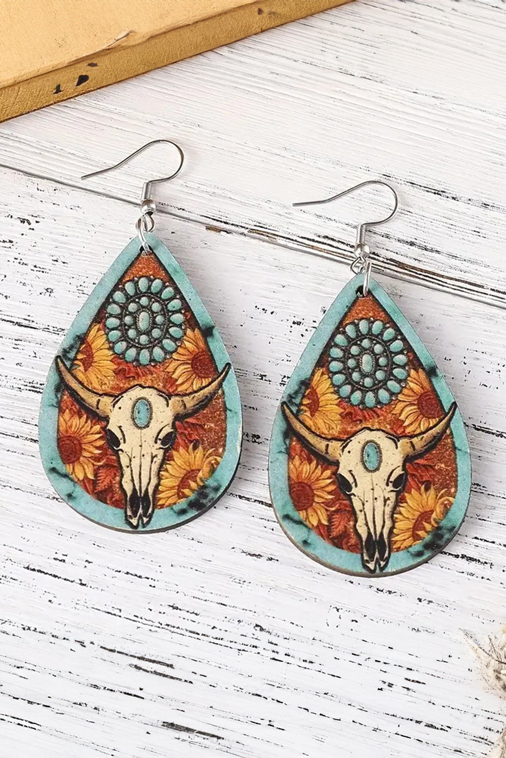 Chestnut Western Steer Head Print Wooden Drop Earrings Jewelry JT's Designer Fashion