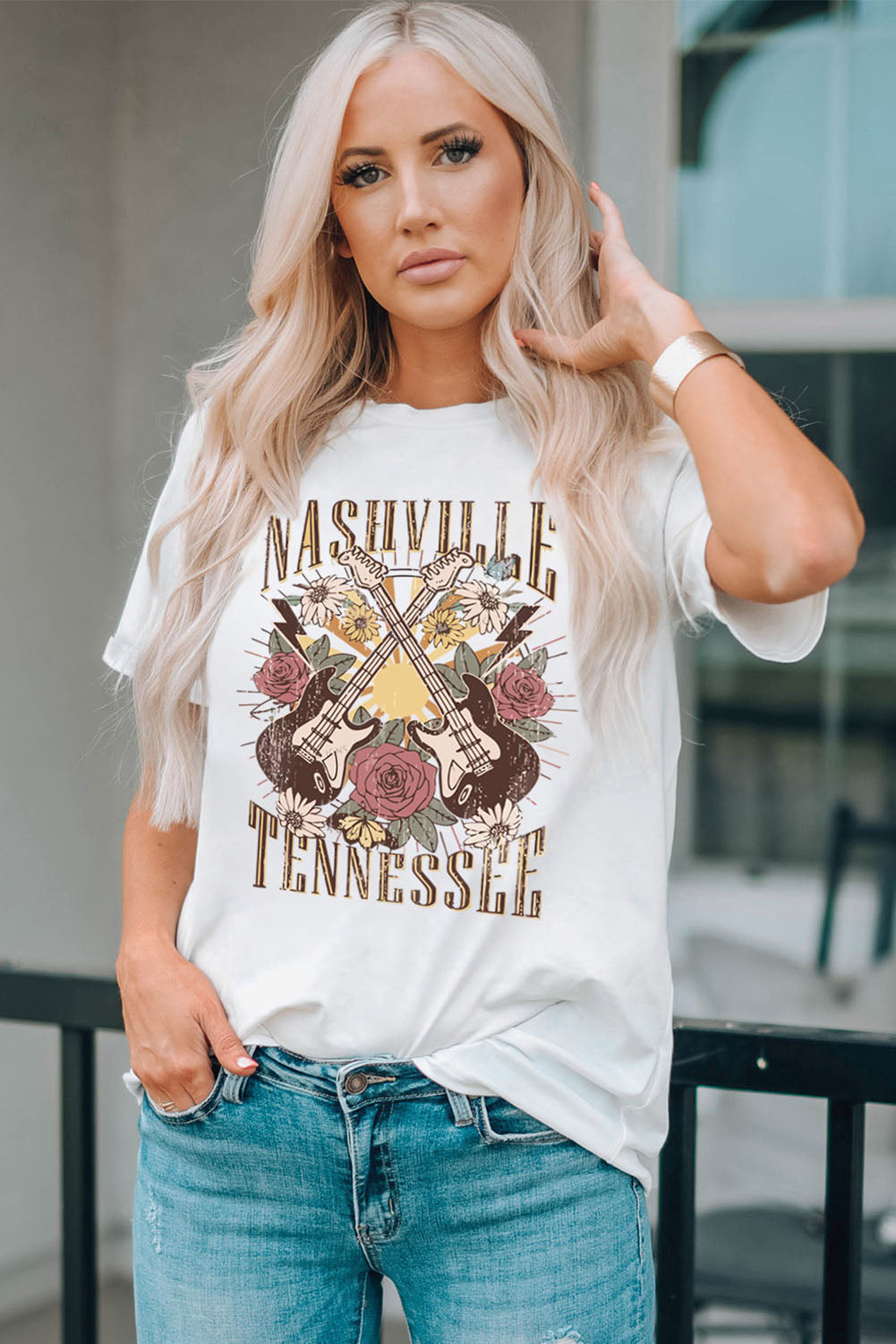 White Nashville Tennessee Guitar Rose Graphic Crewneck Tee Graphic Tees JT's Designer Fashion