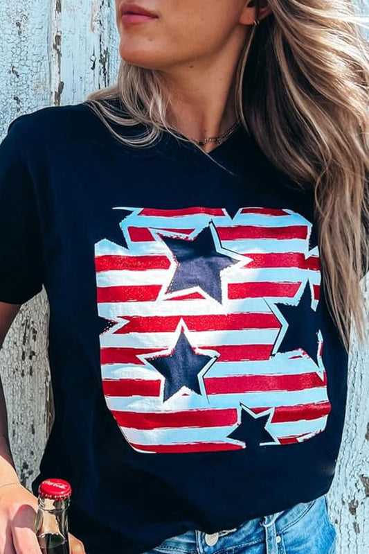 Black Independence Star Stripes Flag Graphic Tee Graphic Tees JT's Designer Fashion