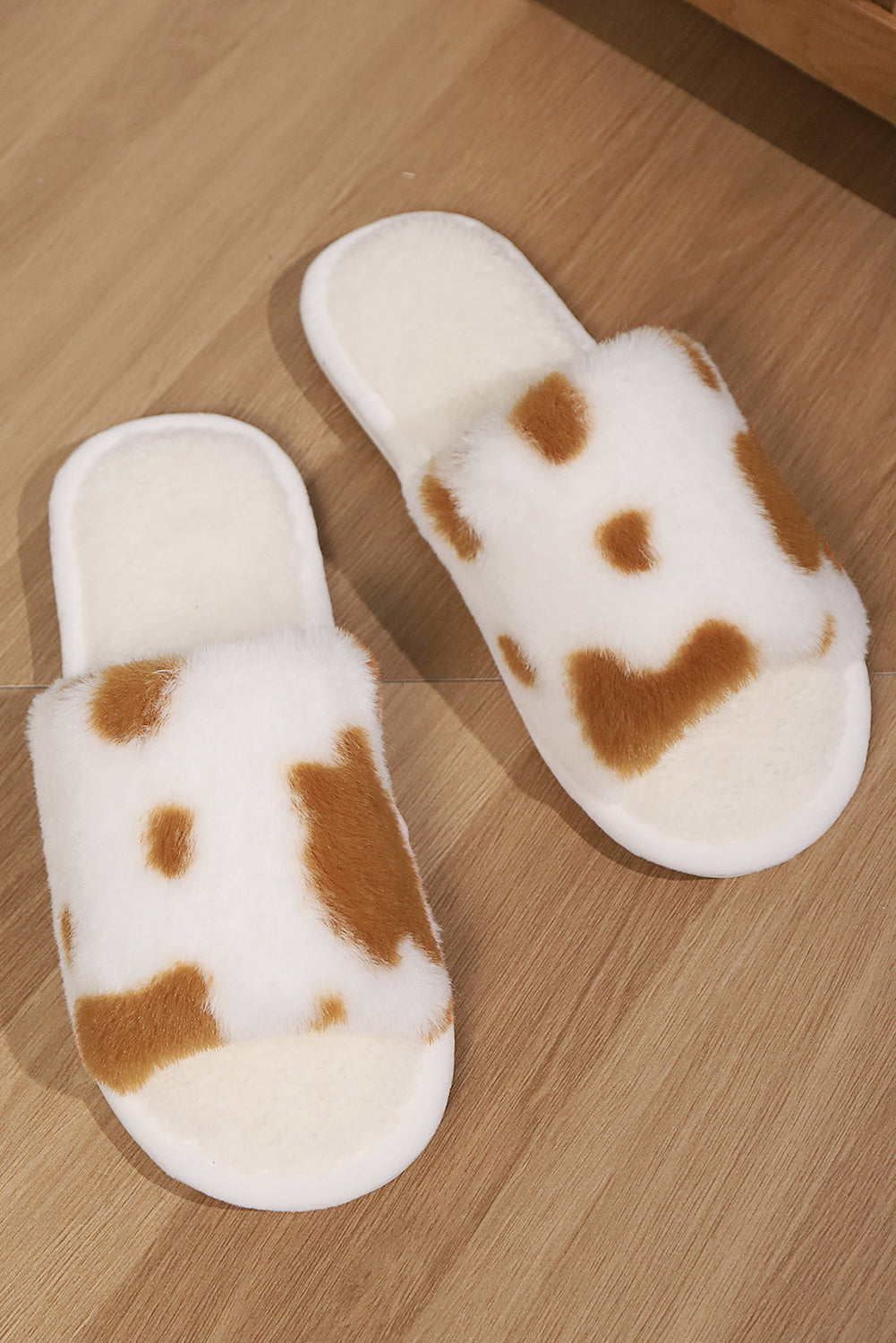 Coffee Fuzzy Cow Spots Open Toe Winter Home Slippers Slippers JT's Designer Fashion