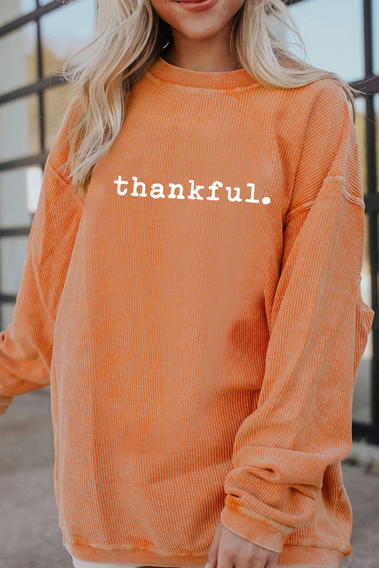 Orange Thankful Ribbed Crew Neck Thanksgiving Sweatshirt Orange-3 100%Polyester Graphic Sweatshirts JT's Designer Fashion