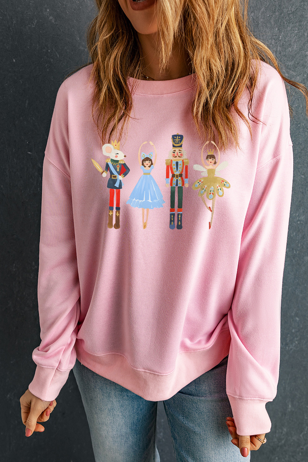 Pink Christmas Nutcracker Fairy Printed Pullover Sweatshirt Graphic Sweatshirts JT's Designer Fashion