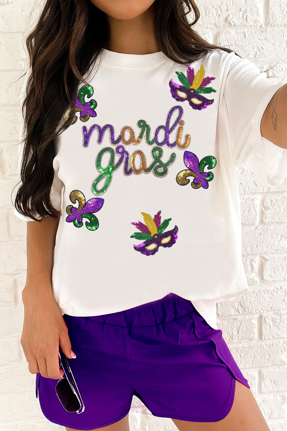 White Sequin Mardi Gras Pattern Graphic Crew Neck Tee Graphic Tees JT's Designer Fashion