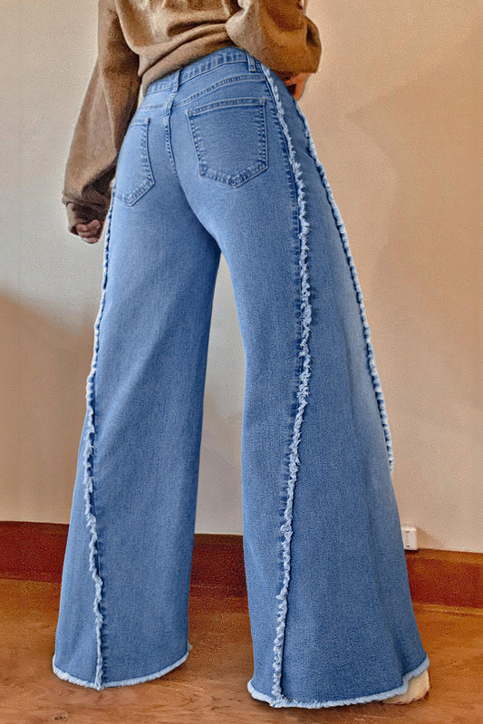 Beau Blue Vintage Stitching Raw Hem Flared Jeans Jeans JT's Designer Fashion