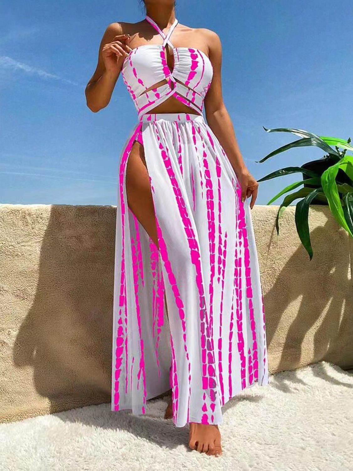 Printed Halter Neck Three-Piece Swim Set Hot Pink Bikinis JT's Designer Fashion