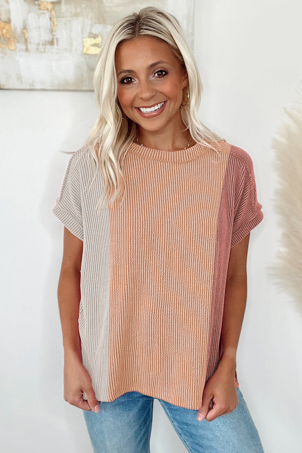 Apricot Pink Textured Colorblock Crew Neck T Shirt Tops & Tees JT's Designer Fashion