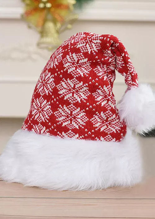 Red Snowflake Pattern Knit Plush Pompom Decor Christmas Hat Hats & Caps JT's Designer Fashion