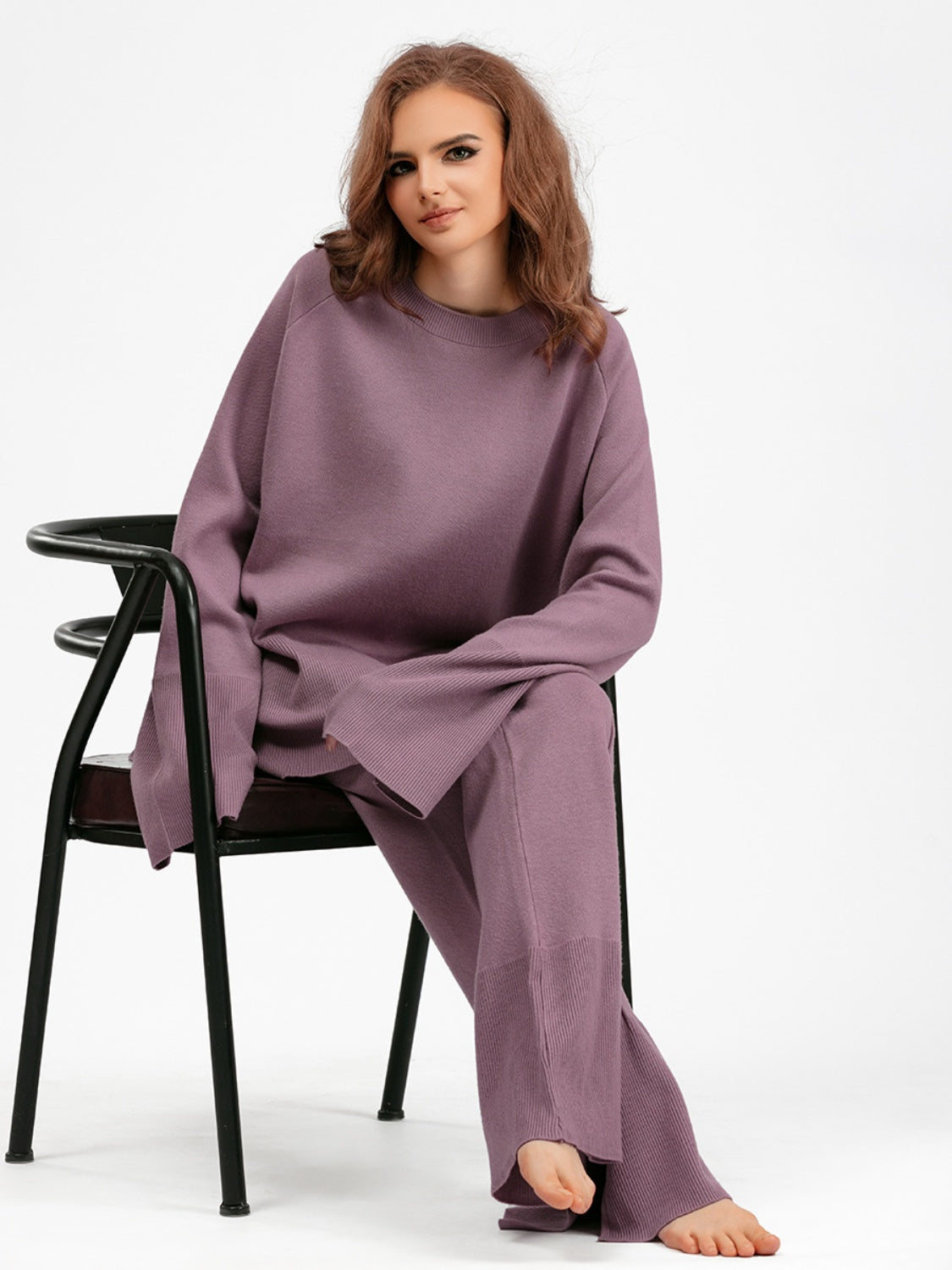 Slit Round Neck Long Sleeve Top and Drawstring Pants Sweater Set Pants Sets JT's Designer Fashion