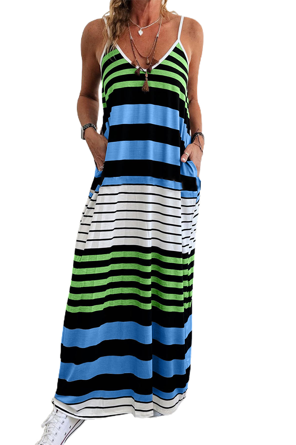 Sky Blue Stripe Mixed Stripes Spaghetti Straps V Neck Maxi Dress Pre Order Dresses JT's Designer Fashion