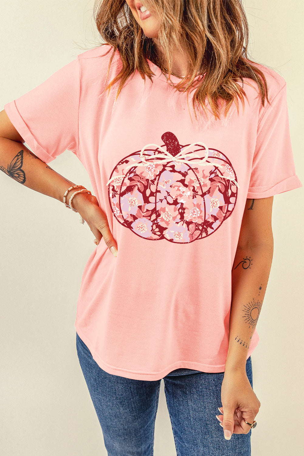 Pink Floral Pumpkin Print Crew Neck Casual T Shirt Graphic Tees JT's Designer Fashion