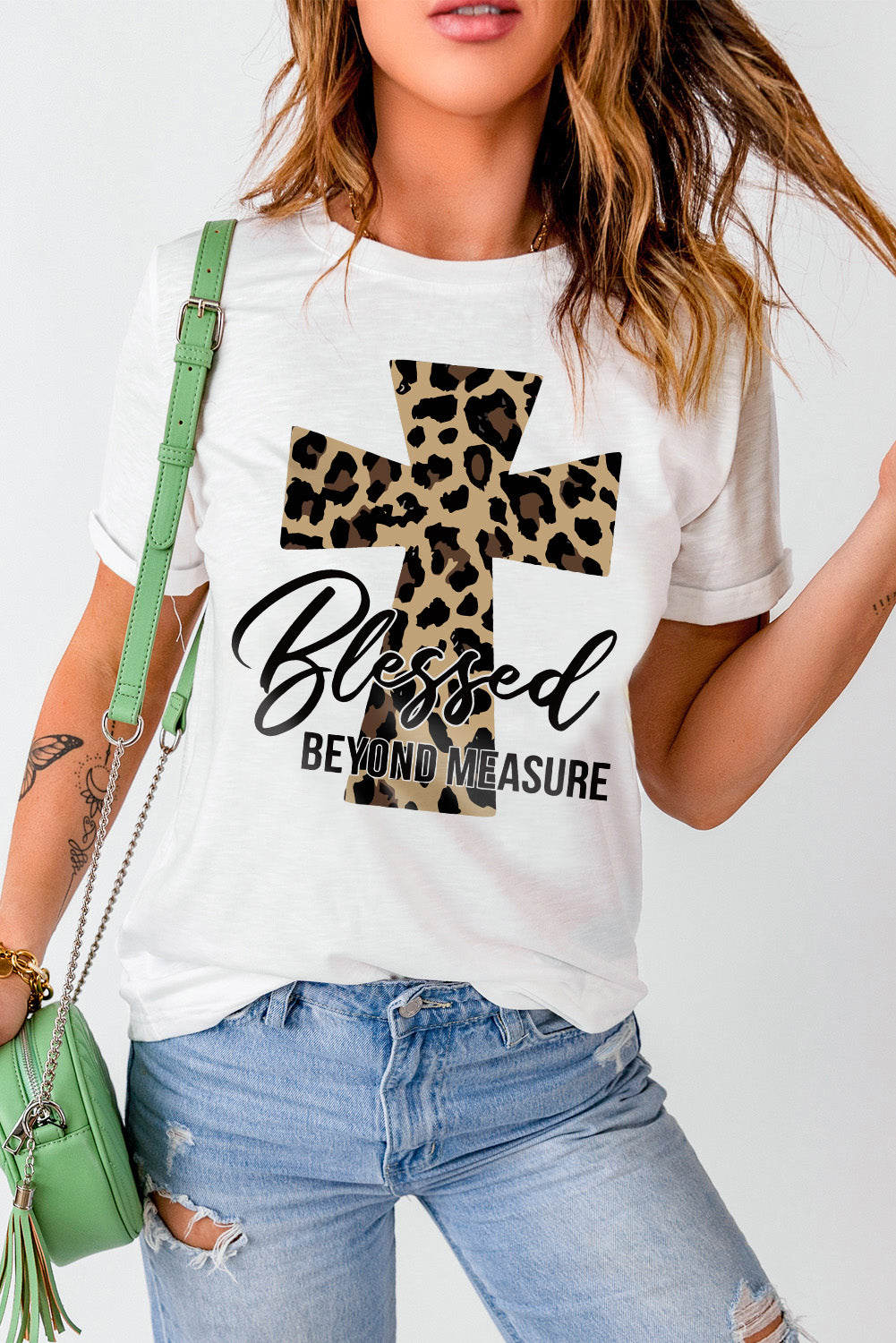 White Blessed Leopard Cross Graphic T Shirt Graphic Tees JT's Designer Fashion