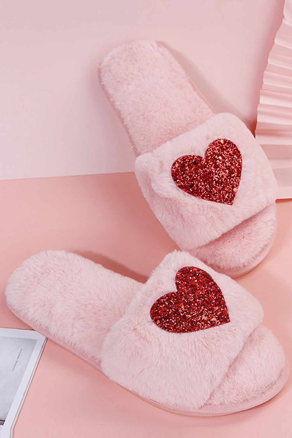 Pink Sequin Heart Shaped Slip On Plush Slippers Slippers JT's Designer Fashion