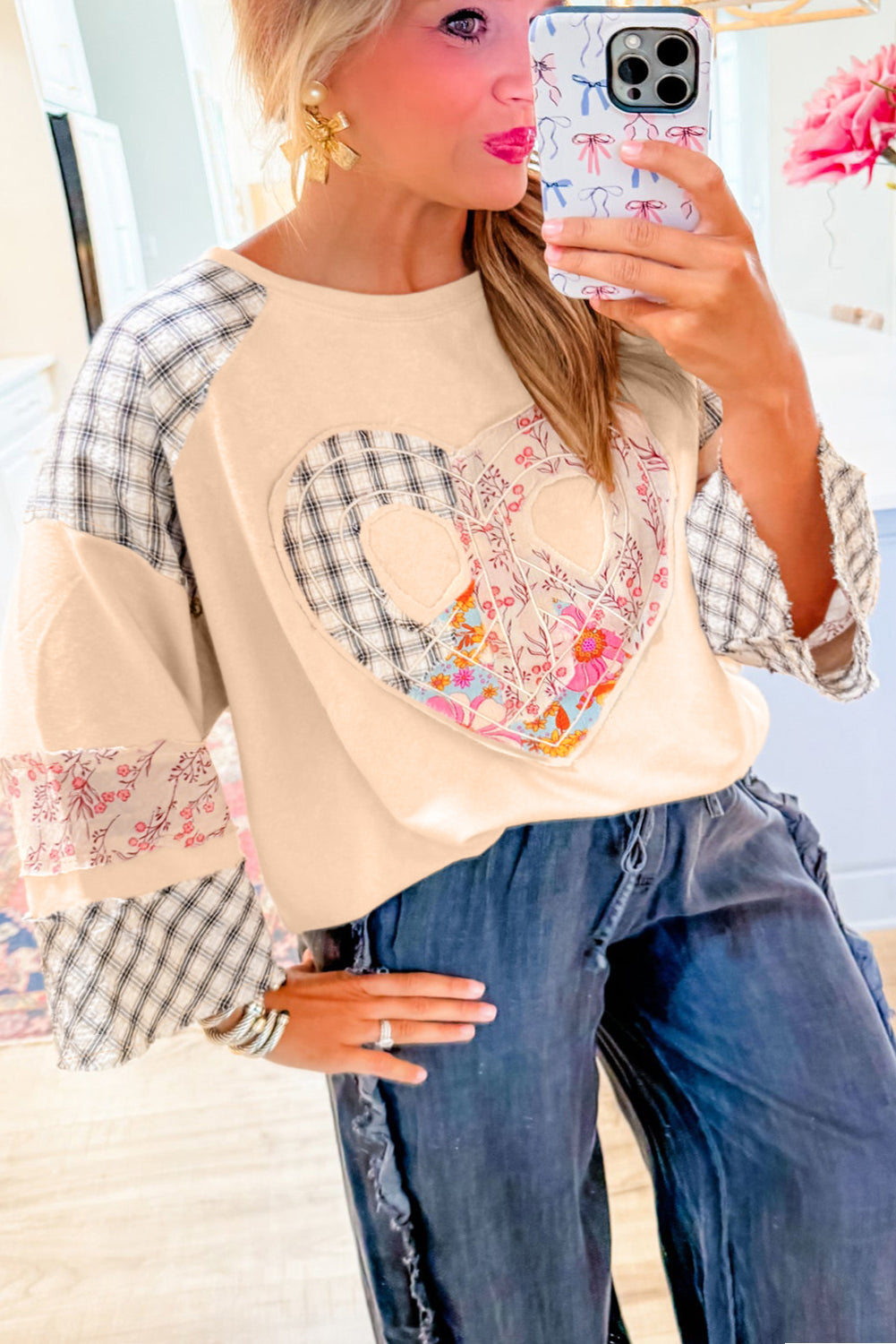 Beige Plaid Floral Peace Heart Graphic Wide Long Sleeve Top Long Sleeve Tops JT's Designer Fashion