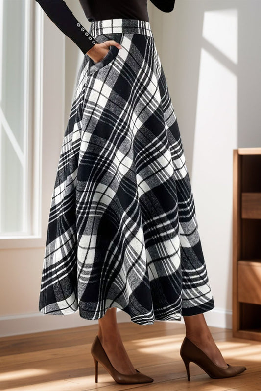 Plaid Midi Skirt with Pocketed Black Skirts & Petticoat JT's Designer Fashion