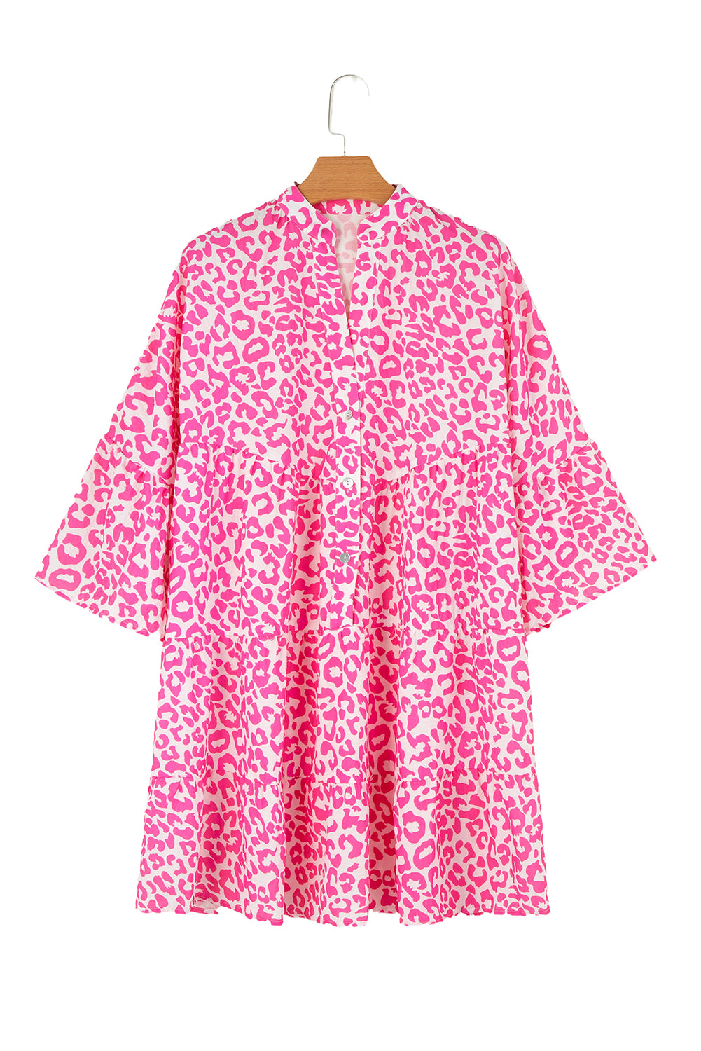 Bright Pink Leopard Printed Long Sleeve Buttoned Front Mini Dress Mini Dresses JT's Designer Fashion