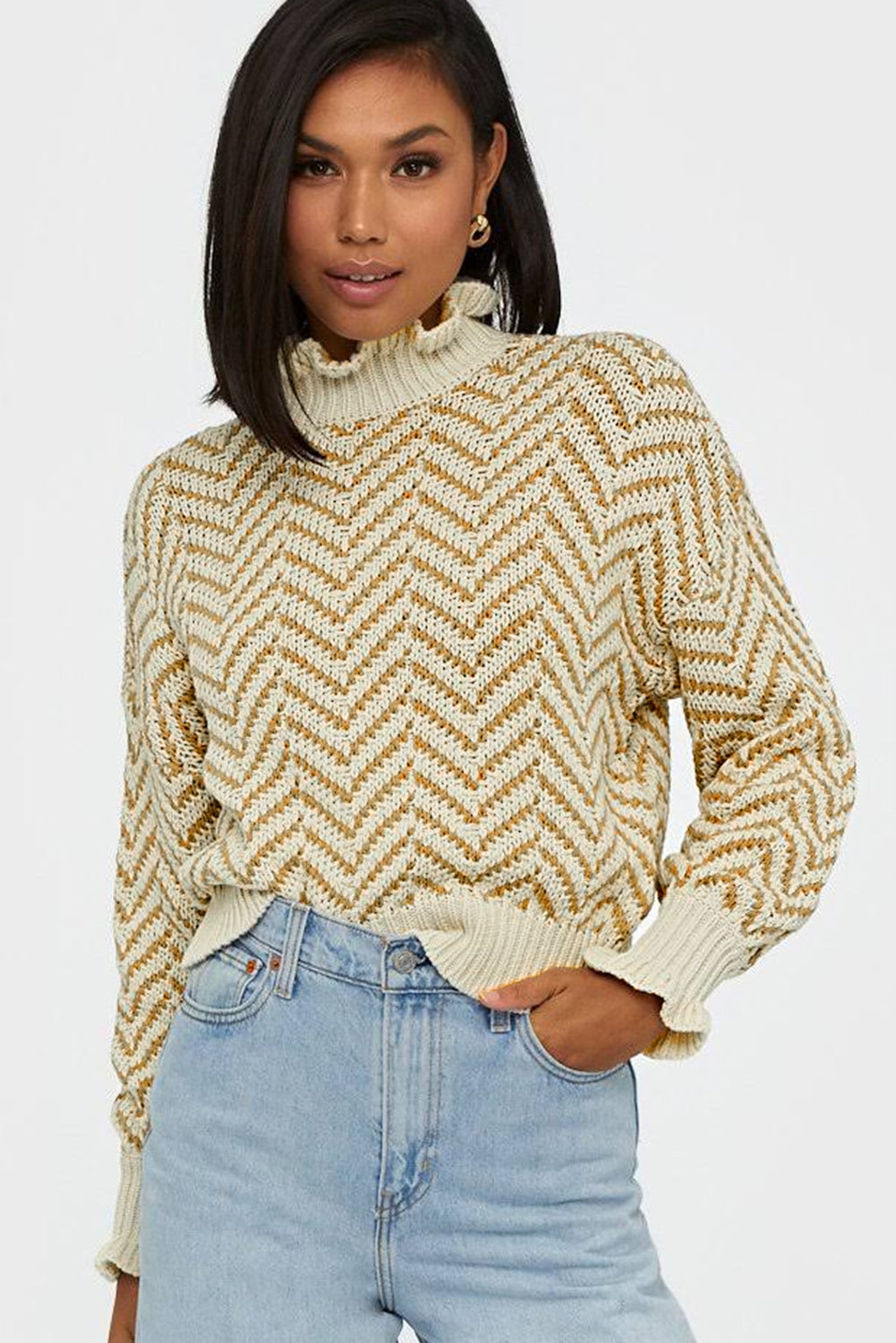 Khaki Chevron Striped High Neck Drop Shoulder Sweater Sweaters & Cardigans JT's Designer Fashion