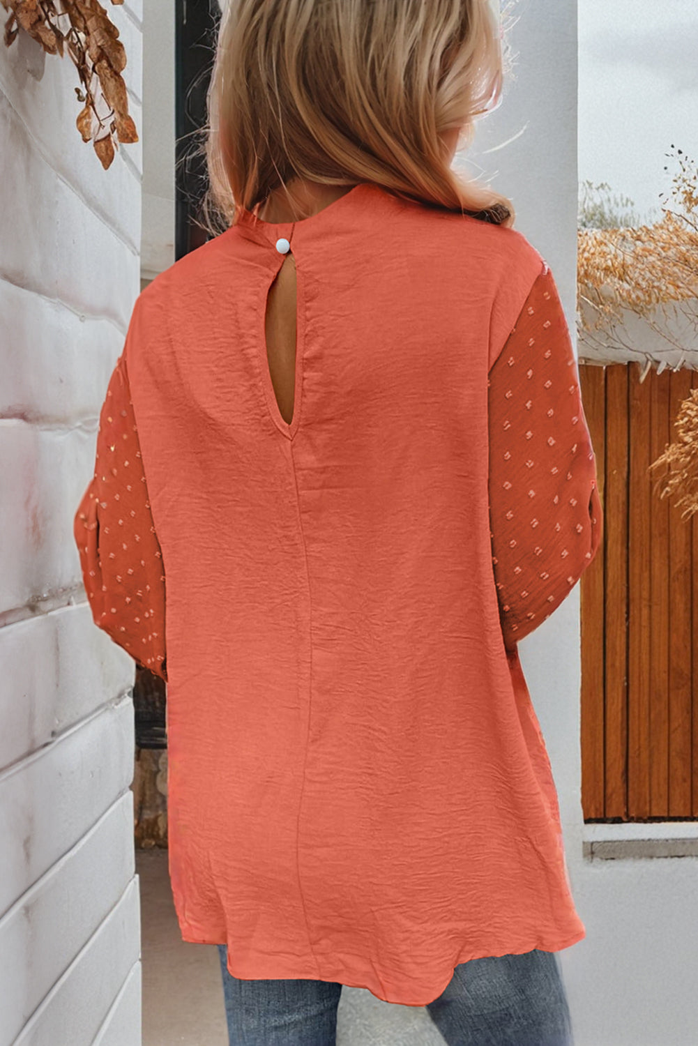 Russet Orange Swiss Dot Balloon Sleeve Loose Blouse Blouses & Shirts JT's Designer Fashion