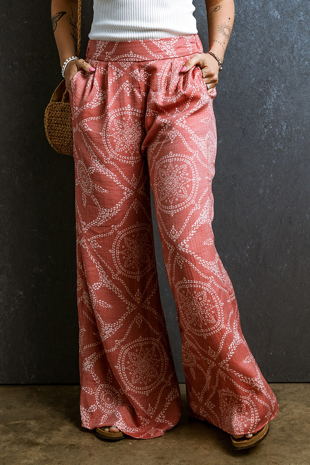 Pink Abstract Geometric Print Wide Leg Casual Pants Bottoms JT's Designer Fashion