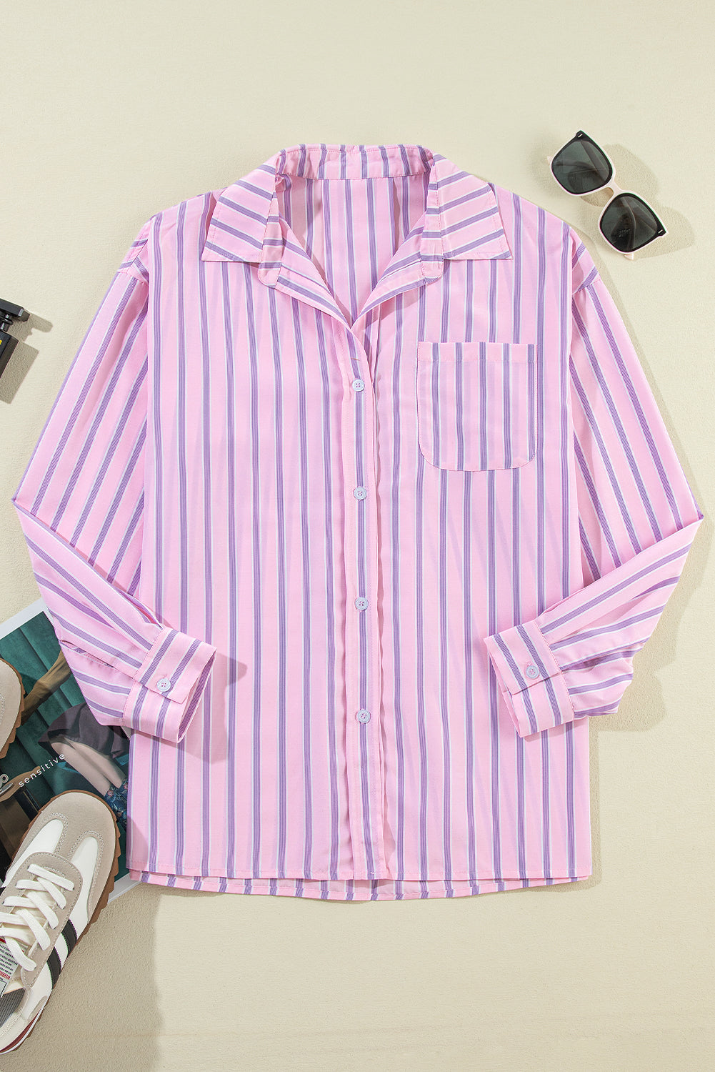 Pink Stripe Chest Pocket Casual Shirt Blouses & Shirts JT's Designer Fashion