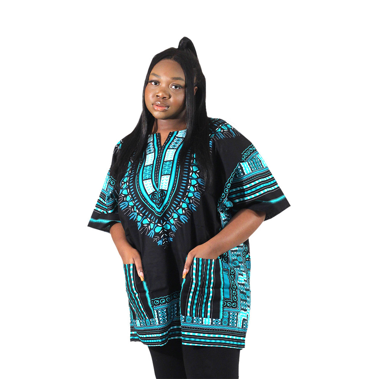 Vibrant African Dashiki with Front Pockets – Bold, Comfortable & Stylish (XL-6X) Turquoise Black Blouses & Shirts JT's Designer Fashion