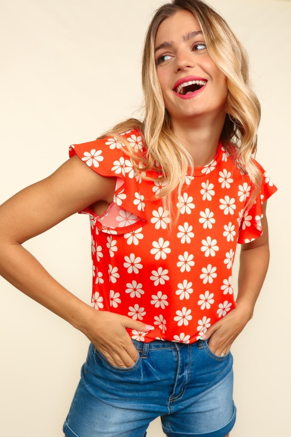 Haptics Round Neck Ruffled Floral Contrast Knit Top Scarlet Blouses & Shirts JT's Designer Fashion