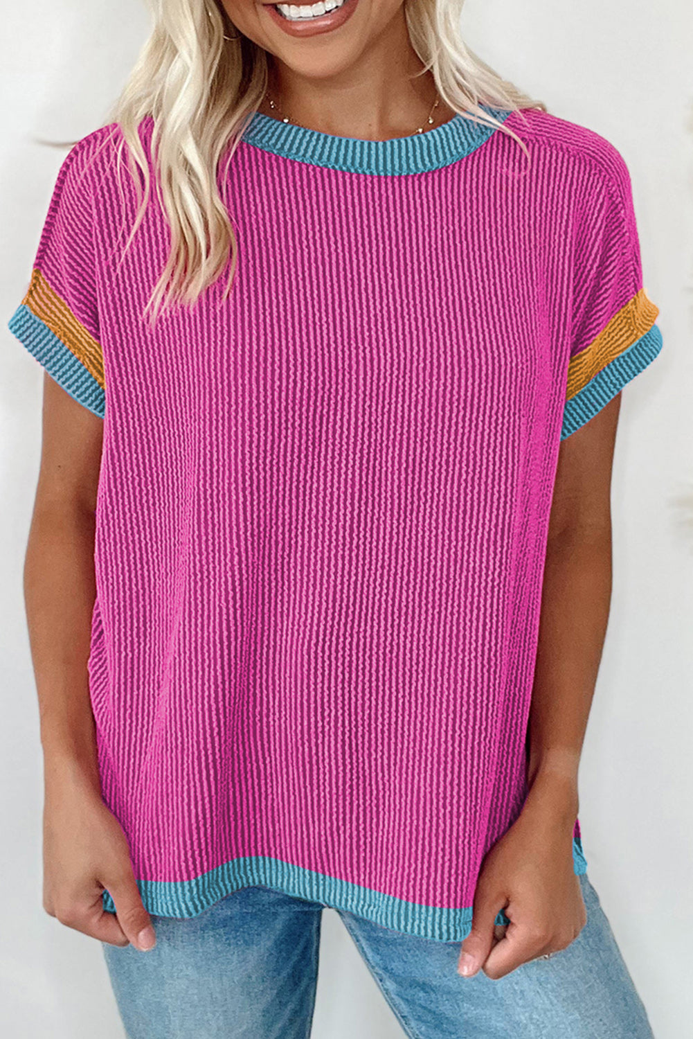 Bright Pink Textured Colorblock Round Neck T Shirt Tops & Tees JT's Designer Fashion