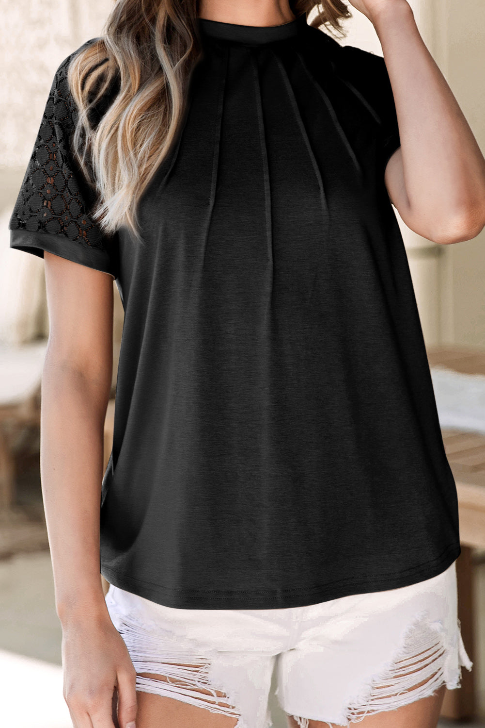 Black Seamed Detail Contrast Lace Raglan Sleeve Tee Pre Order Tops JT's Designer Fashion