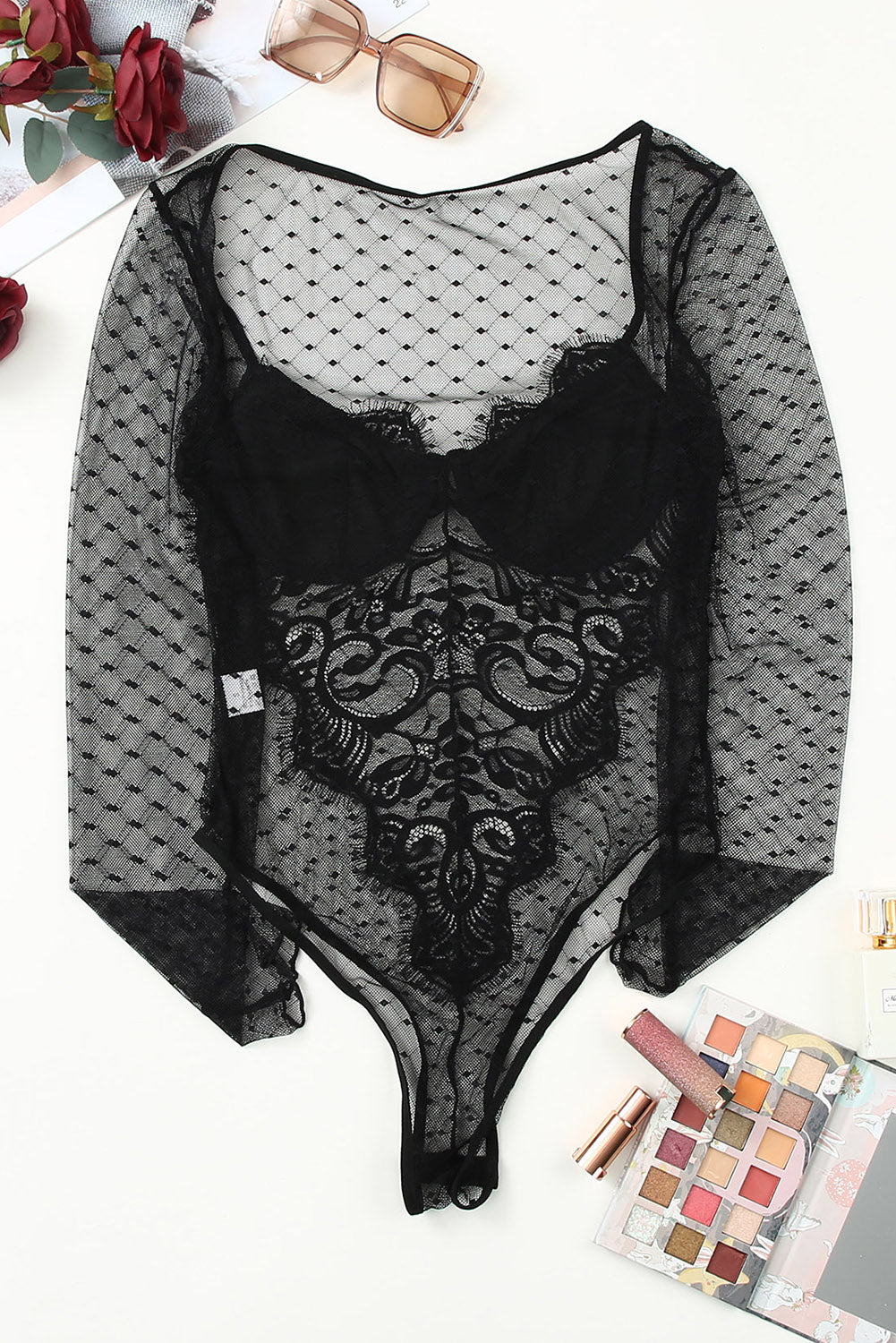 Black Long Sleeve Mesh Lace Bralette Bodysuit Bodysuits JT's Designer Fashion