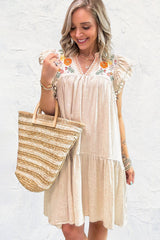 Jet Stream Linen Embroidery Split Neck Pom Pom Ruffle Sleeves Flowy Short Dress Mini Dresses JT's Designer Fashion