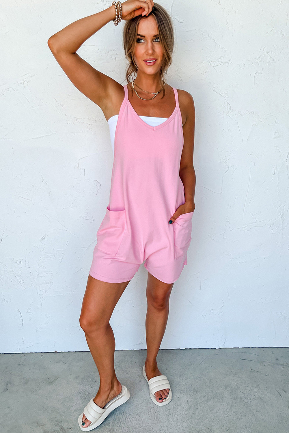 Pink Spaghetti Straps V Neck Jersey Romper Bottoms JT's Designer Fashion