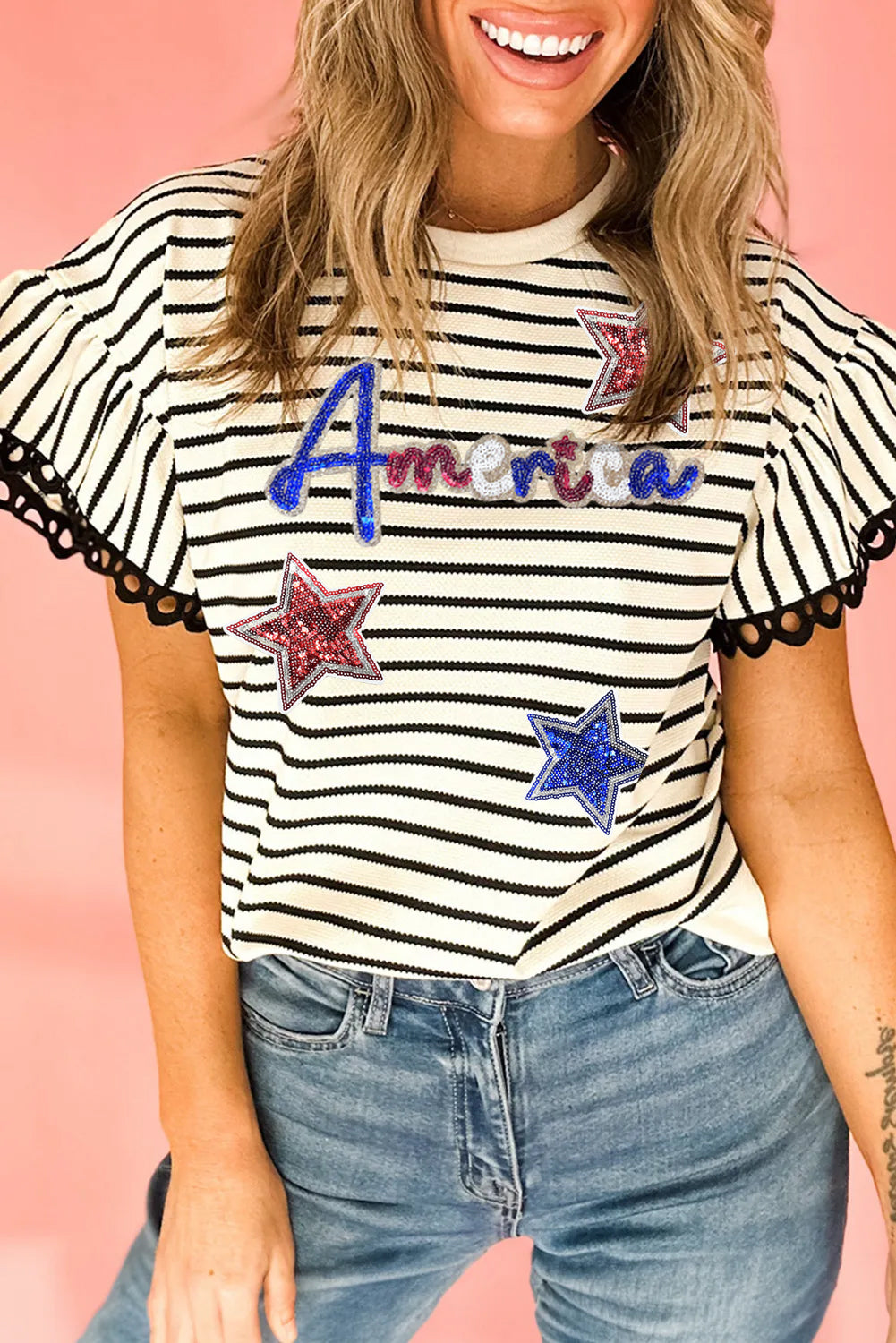 Black Stripe Sequin America Star Graphic Ric Rac Flutter Sleeve Blouse Blouses & Shirts JT's Designer Fashion