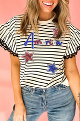 Black Stripe Sequin America Star Graphic Ric Rac Flutter Sleeve Blouse Blouses & Shirts JT's Designer Fashion